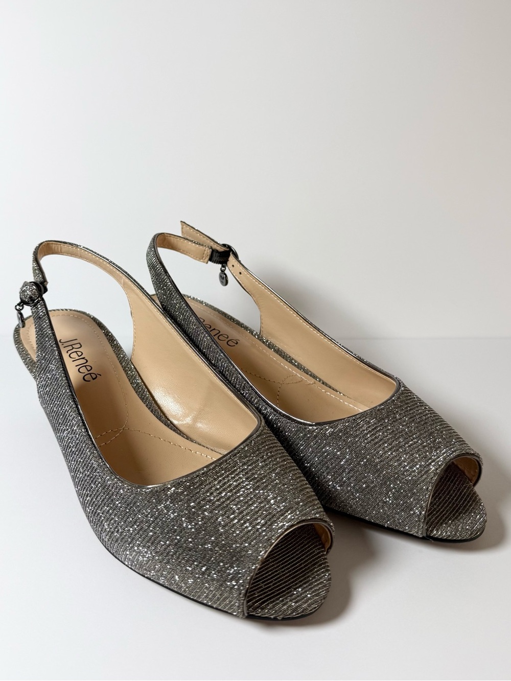 Women's J. Renee Slingback Peep Toe Heels 8WW Gunmetal Glitter Kitten Heel